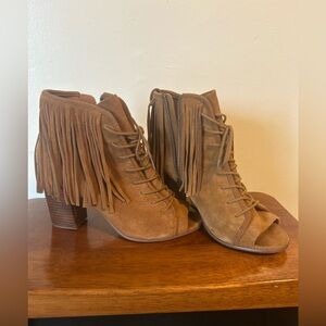 Brown Suede Tasseled Fringe Ankle Booties W 7.5 Cowgirl Bohemian Ranch Woodstock